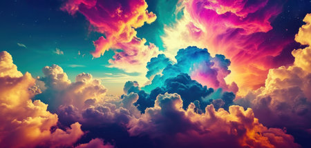 Fantasy colorful sky with clouds and sun. 3D illustration.の素材