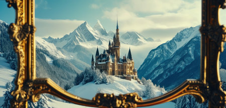 Fantastic winter landscape with a view of the famous castle on the background of snow-capped mountainsの素材