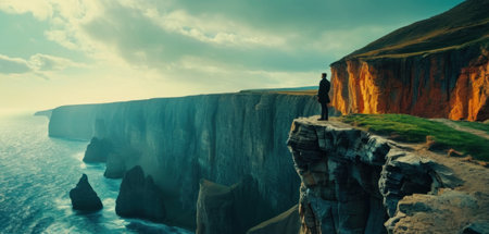 Beautiful panoramic seascape with a lonely girl standing on the edge of cliff and looking at the seaの素材