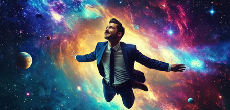 Businessman flying in space. Elements of this image are furnished by NASAの素材