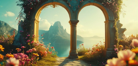 3d illustration of an archway with flowers and mountains in the backgroundの素材