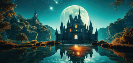 Fantasy landscape with fantasy castle and moon. 3D illustration.の素材