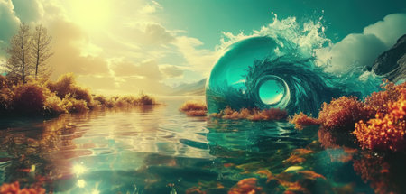 Fantasy landscape with planet in water. 3d render illustration.の素材