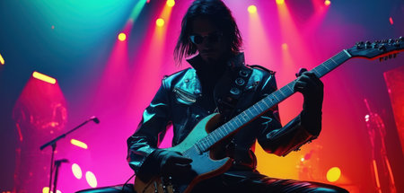 Guitarist performing live on stage in nightclub with lights and smokeの素材