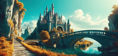 Fantasy landscape with fantasy castle and bridge. 3D illustration.の素材