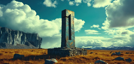 Stone monument in the steppe. 3d render. Computer digital image.の素材