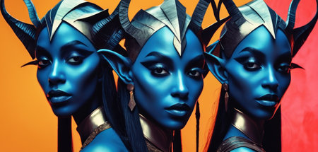 3d rendering of a female cyborg with blue and orange backgroundの素材