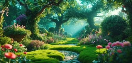 Beautiful fantasy garden with flowers and trees. 3d rendering.の素材