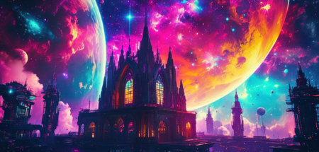 Fantasy background with fantasy planet and city. 3D illustration.の素材