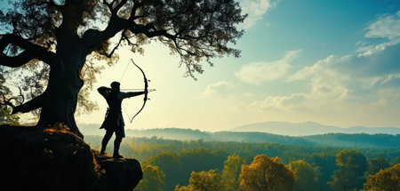 Silhouette of archer with bow and arrow in the forest.の素材
