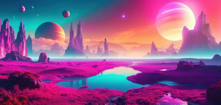 Fantasy alien planet. Mountain and lake. 3D illustration.の素材