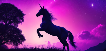 Unicorn silhouette on purple sky background with stars. Vector illustration.の素材
