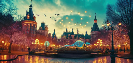 Night view of the Old Town Square in Prague, Czech Republic.の素材