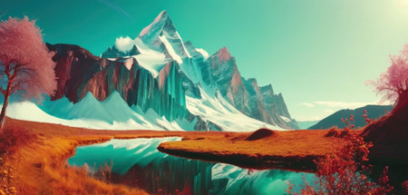Fantasy landscape with mountains and lake. Digital painting. 3d renderingの素材