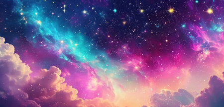Night sky with clouds and stars. Colorful illustration for your designの素材