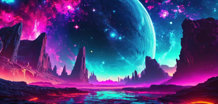 Fantasy alien planet. Mountain and lake. 3D illustration.の素材