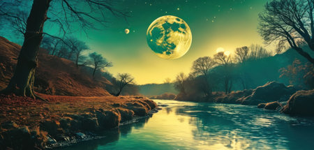 Fantasy landscape with river and forest at night in full moon lightの素材