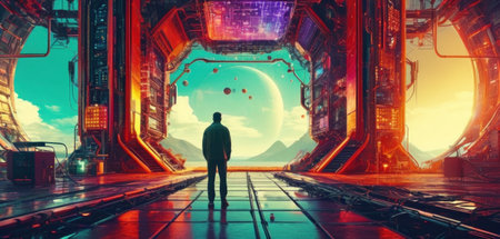 View from the back of a man standing in the corridor of a spaceship.の素材