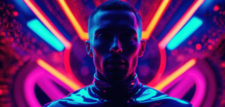 Portrait of a young african american man in neon light.の素材