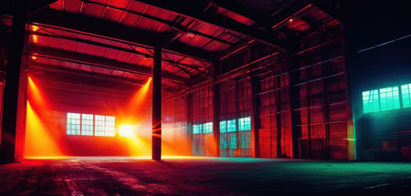 Interior of an industrial building illuminated by a bright beam of lightの素材