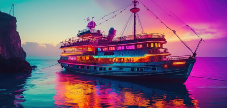 Fantastic sunset over the sea and the ship in the foregroundの素材