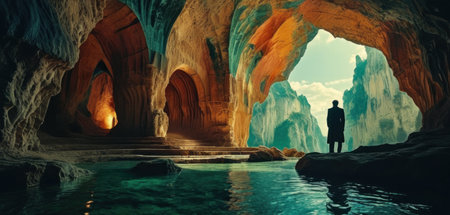 Man in the cave. 3d rendering. Computer digital drawing.の素材