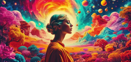 Beautiful woman in fantasy landscape with planets and stars. 3d renderingの素材