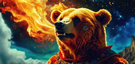 Burning bear in the night sky. 3d render illustration.の素材
