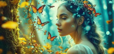 Beautiful young woman in fairy forest with butterflies. Fairy tale.の素材