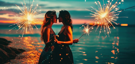 Two beautiful young women with sparklers on the background of the seaの素材
