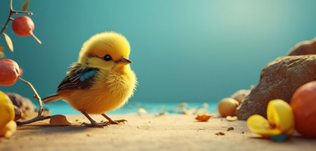 Easter background with easter eggs and cute little yellow chick.の素材