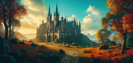 Mystical church in the autumn forest. Fantasy landscape. 3D renderingの素材