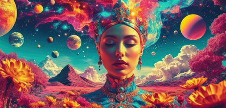 Beautiful woman in fantasy landscape with planets and flowers. 3d renderingの素材