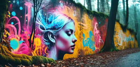 Fantasy image of a beautiful girl in a fairy forest. The girl is surrounded by colorful neon lights.の素材