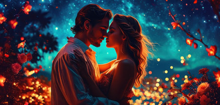 Beautiful young couple in love is hugging and kissing in the garden at night.の素材