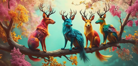 Funny forest animals. Colorful forest animals on the tree.の素材