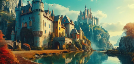 Fantasy landscape with castle on the lake. 3D illustration.の素材