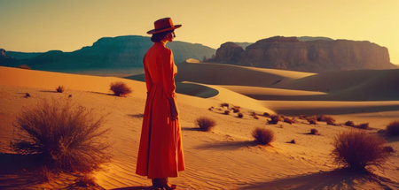 Young woman in red dress and hat walking in the desert at sunsetの素材