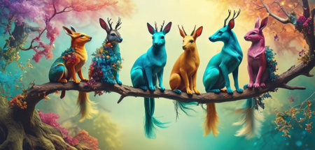 Fantasy forest animals on a tree branch. 3D illustration.の素材