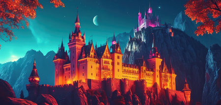 Castle in the forest at night. Fairytale landscape. 3D renderingの素材