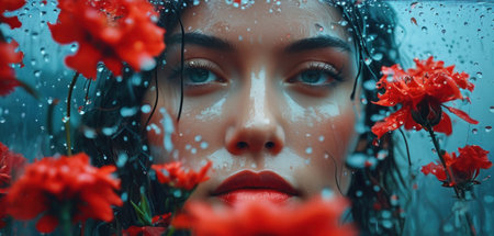 Portrait of a beautiful young woman with red lips and flowers in the rainの素材