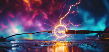 Electrical cable with lightning, close up. Electricity concept background.の素材