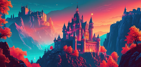 Magic castle in the mountains. Fairytale landscape. Vector illustration.の素材