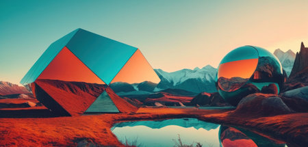 3d rendering of a tent in a mountain landscape with a lakeの素材