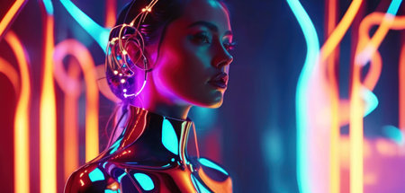 Portrait of a beautiful female robot in neon light. 3d renderingの素材