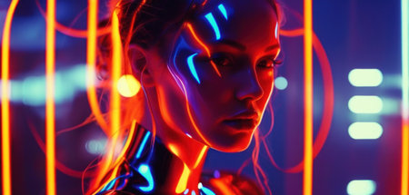 Portrait of a female cyborg robot in neon light. 3d renderingの素材