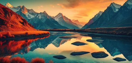 Beautiful mountain landscape at sunset. Panoramic view of the lake and mountains.の素材