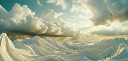 3D illustration of abstract wavy surface against cloudy sky with wavesの素材