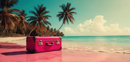 Pink suitcase on a tropical beach with palm trees and turquoise seaの素材