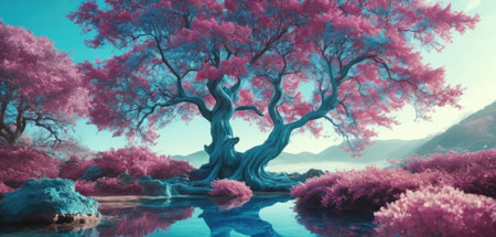 3D illustration of a fantasy landscape with an old tree and lakeの素材